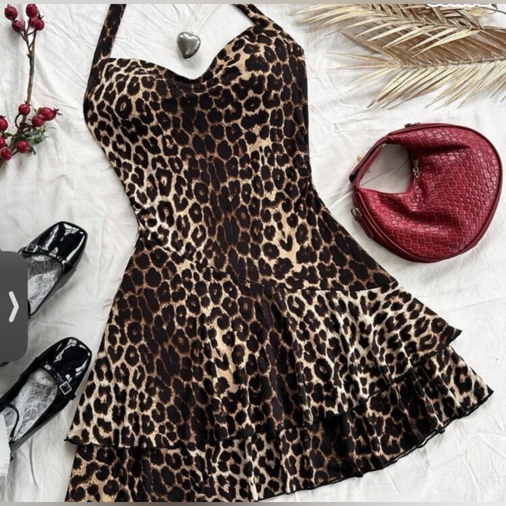 Leopard Print Halter Mini Dress - Brown